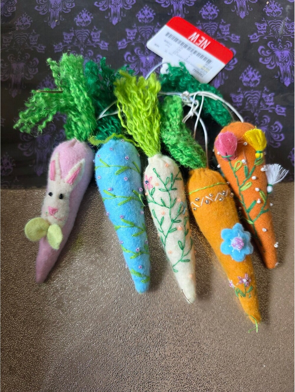 Handmade Felt Carrot Ornaments with Embroidered Designs and Bunny Accent